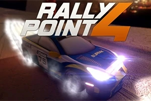 Rally Point 4 Imaginea prezintă o mașină de raliu albastră cu faruri aprinse, în mișcare pe un drum, având textul Rally Point 4 deasupra