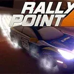 Rally Point 4 Imaginea prezintă o mașină de raliu albastră cu faruri aprinse, în mișcare pe un drum, având textul Rally Point 4 deasupra