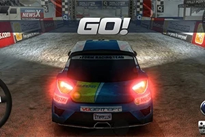 Rally Point Mașină de curse albastră, văzută din spate, cu faruri roșii aprinse, pe o pistă de start, cu textul GO!