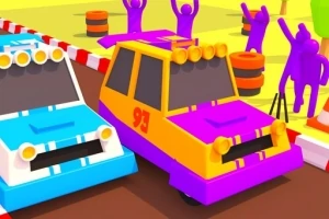 Două mașini colorate, albastră și mov cu portocaliu, pe o pistă de curse, cu persoane stilizate și conuri de trafic în fundal