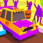 Două mașini colorate, albastră și mov cu portocaliu, pe o pistă de curse, cu persoane stilizate și conuri de trafic în fundal