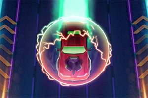 Mașină roșie înconjurată de o sferă de energie pe o pistă albastră fosforescentă