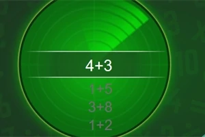 Ecran verde cu un radar și ecuații matematice simple, cum ar fi 4+3, pe fundal