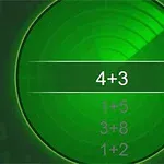 Ecran verde cu un radar și ecuații matematice simple, cum ar fi 4+3, pe fundal