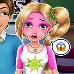 Un băiat zâmbitor în pulover albastru stă lângă o fată cu părul blond, machiaj roz și expresie surprinsă, fiecare având un emoji alături