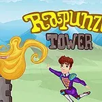 O prințesă cu părul lung și blond stă într-un turn, în timp ce un prinț sare spre ea, cu munți și un cer senin pe fundal