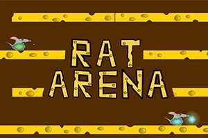Două șoareci ținând niște obiecte verzi pe un fundal maro cu structuri galbene și textul RAT ARENA în centru