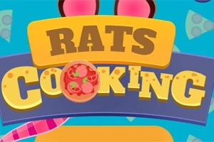 Sigla colorată cu textul Rats Cooking pe un fundal albastru, cu imagini de bucăți de pizza și urechi roz în partea de sus