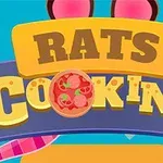 Sigla colorată cu textul Rats Cooking pe un fundal albastru, cu imagini de bucăți de pizza și urechi roz în partea de sus