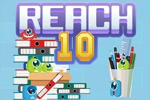 Textul REACH 10 deasupra unui teanc de dosare și cărți cu creaturi colorate cu un ochi, alături de un pahar cu pixuri