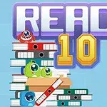 Textul REACH 10 deasupra unui teanc de dosare și cărți cu creaturi colorate cu un ochi, alături de un pahar cu pixuri