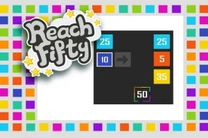 Imaginea prezintă un design colorat cu blocuri numerotate, inclusiv 25, 10, 5, 35 și 50, într-un fundal negru, înconjurate de un chenar multicolor și text decorativ Reach Fifty în colțul stâng sus