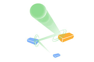 Forme geometrice 3D colorate, cu un fascicul verde translucid proiectat peste blocuri albastre și portocalii pe fundal alb