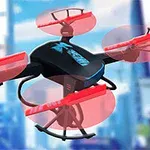 Dronă neagră cu elice roșii zburând într-un mediu urban futurist