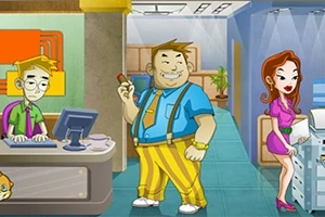 Trei personaje animate într-un birou: un bărbat slab la computer, un bărbat corpolent cu bretele galbene ținând un trabuc și o femeie elegantă lângă un fotocopiator