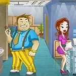 Trei personaje animate într-un birou: un bărbat slab la computer, un bărbat corpolent cu bretele galbene ținând un trabuc și o femeie elegantă lângă un fotocopiator