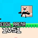 Două caractere pixelate se înfruntă cu arme pe un fundal albastru, cu un text care indică RECOIL ARENA 1VS1