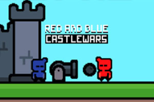 Două personaje pixelate, unul albastru și unul roșu, lângă un tun, cu un castel gri în fundal și textul Red and Blue Castlewars