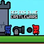 Două personaje pixelate, unul albastru și unul roșu, lângă un tun, cu un castel gri în fundal și textul Red and Blue Castlewars