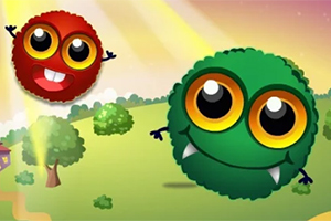 Două creaturi animate, una roșie și una verde, cu ochi mari, zâmbind pe un fundal de peisaj însorit cu copaci și cer colorat