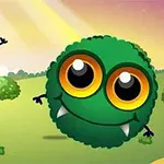 Două creaturi animate, una roșie și una verde, cu ochi mari, zâmbind pe un fundal de peisaj însorit cu copaci și cer colorat