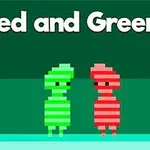 Două personaje pixelate, unul verde și altul roșu, stau alături pe un fundal verde, cu textul Red and Green 4 deasupra