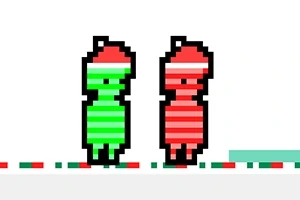 Două personaje pixelate într-un stil retro, unul verde și unul roșu, stând pe un fundal alb cu un model colorat la bază