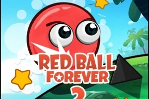 Minge roșie cu ochi mari și text suprapus Red Ball Forever, înconjurată de stele galbene și un fundal verde și albastru cu copaci