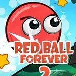 Minge roșie cu ochi mari și text suprapus Red Ball Forever, înconjurată de stele galbene și un fundal verde și albastru cu copaci