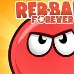Bilă roșie zâmbitoare cu ochi mari pe fundal galben, având textul „Red Ball Forever” deasupra