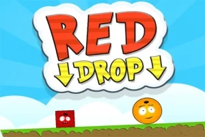 Textul RED DROP este afișat în centrul imaginii deasupra a două forme, un pătrat roșu cu față și un cerc portocaliu cu față, pe un fundal albastru cu nori și pământ verde