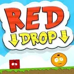 Textul RED DROP este afișat în centrul imaginii deasupra a două forme, un pătrat roșu cu față și un cerc portocaliu cu față, pe un fundal albastru cu nori și pământ verde