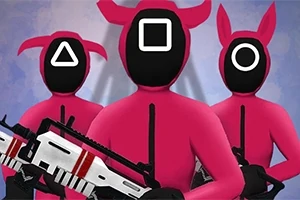 Trei personaje în costume roz cu fețe mascate, purtând arme și având simboluri geometrice pe măști