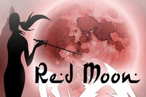 Red Moon Siluetă de femeie cu sabie în fața unei luni roșii, cu text Red Moon dedesubt