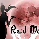 Red Moon Siluetă de femeie cu sabie în fața unei luni roșii, cu text Red Moon dedesubt