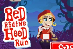 Fetiță costumată în Scufița Roșie, ținând un coșuleț într-o pădure stilizată, cu titlul „Red Riding Hood Run” și un buton Start