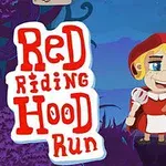 Fetiță costumată în Scufița Roșie, ținând un coșuleț într-o pădure stilizată, cu titlul „Red Riding Hood Run” și un buton Start