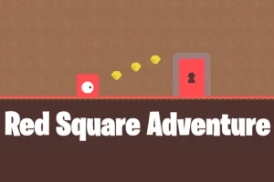 Un pătrat roșu cu un ochi și o ușă roșie cu o gaură de cheie, alături de textul Red Square Adventure