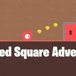 Un pătrat roșu cu un ochi și o ușă roșie cu o gaură de cheie, alături de textul Red Square Adventure