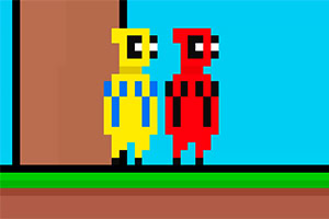 Două personaje pixelate, unul galben și unul roșu, stau alăturate pe un fundal albastru cu un copac maro în stânga