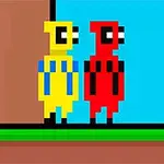 Două personaje pixelate, unul galben și unul roșu, stau alăturate pe un fundal albastru cu un copac maro în stânga