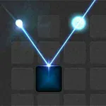 Un fascicul de lumină albastră se reflectă dintr-un pătrat negru pe un fundal gri închis, formând un unghi