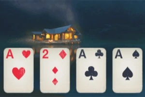 Cărți de joc afișând A de inimă roșie, 2 de caro, A de treflă și A de pică, cu o cabană luminată pe un lac în fundal