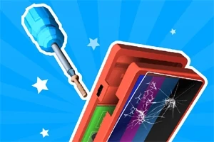 O șurubelniță albastră lângă un telefon roșu deschis cu ecran crăpat, pe fundal albastru cu stele albe