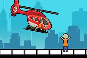 Un elicopter roșu zboară deasupra unei siluete de oraș, cu o persoană ridicând mâinile pe un acoperiș