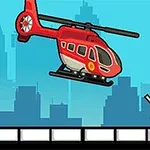 Un elicopter roșu zboară deasupra unei siluete de oraș, cu o persoană ridicând mâinile pe un acoperiș