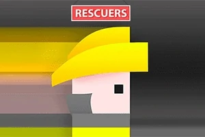 Un personaj stilizat cu o cască galbenă de pompier și un fundal în culori gradientate, având deasupra textul RESCUERS