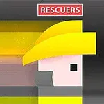 Un personaj stilizat cu o cască galbenă de pompier și un fundal în culori gradientate, având deasupra textul RESCUERS