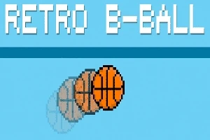 Textul „RETRO B-BALL” apare deasupra unei mingi de baschet pixelate pe un fundal albastru