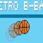 Textul „RETRO B-BALL” apare deasupra unei mingi de baschet pixelate pe un fundal albastru